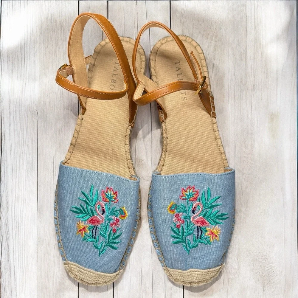 TALBOTS Espadrille Sandals Size 9.5 Chambray Izzy D'Orsay Embroidered Flamingo